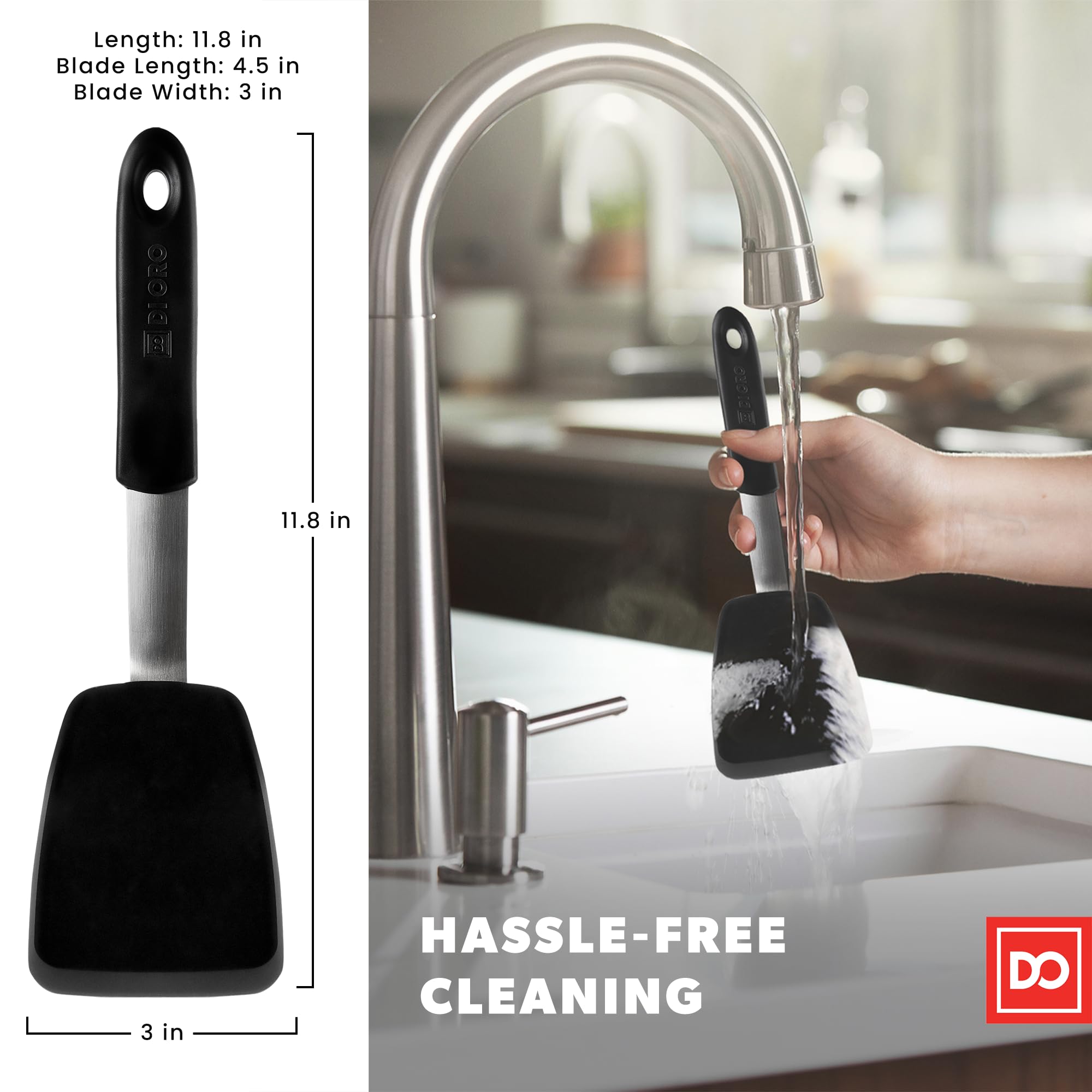 Di Oro Living Chef Series spatula in dishwasher view suggests easy cleanup.