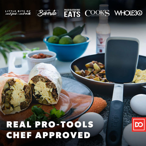 Di Oro Living spatula head close-up reveals beveled blade for smooth sliding.