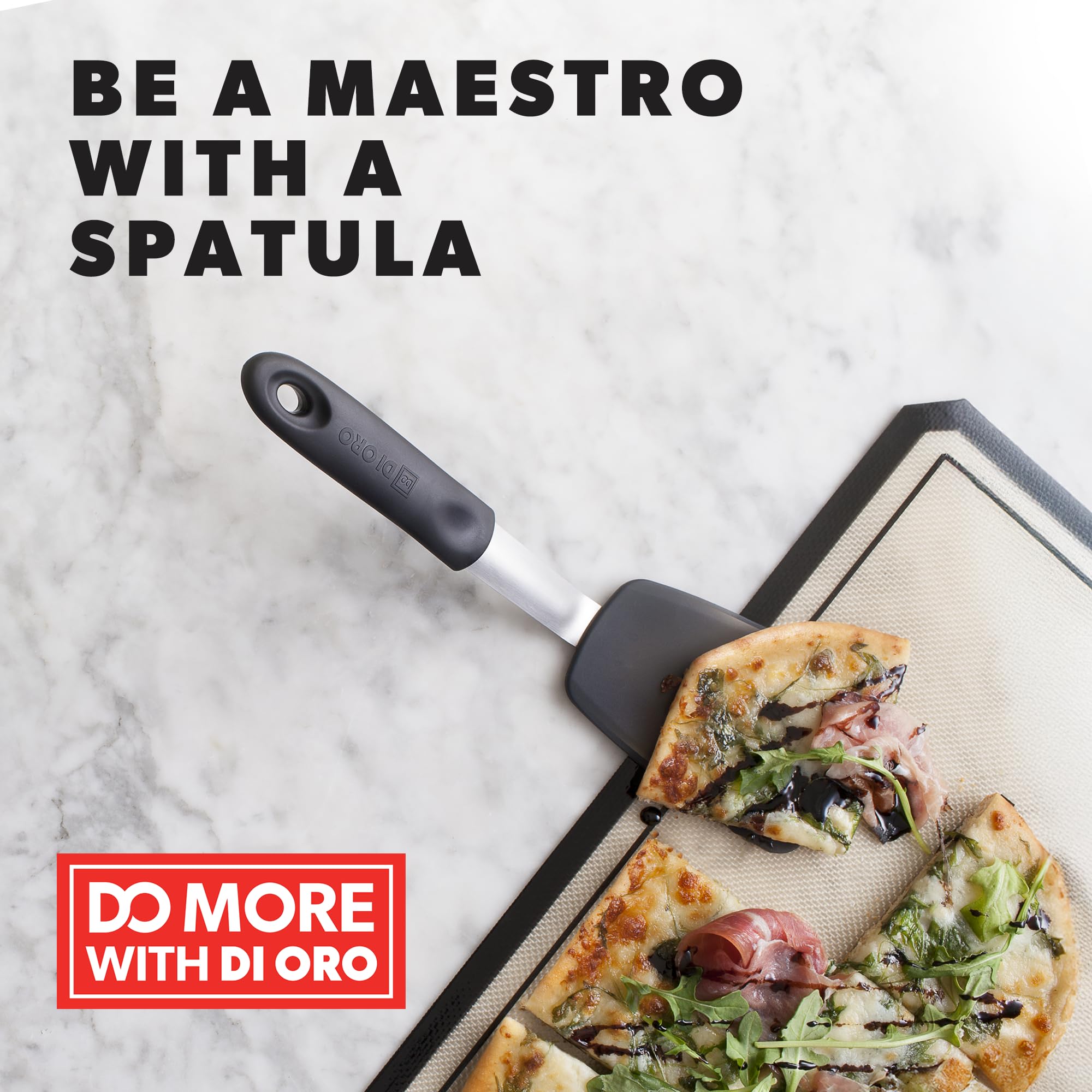 Di Oro Living spatula shows stainless steel core in a cutaway view.
