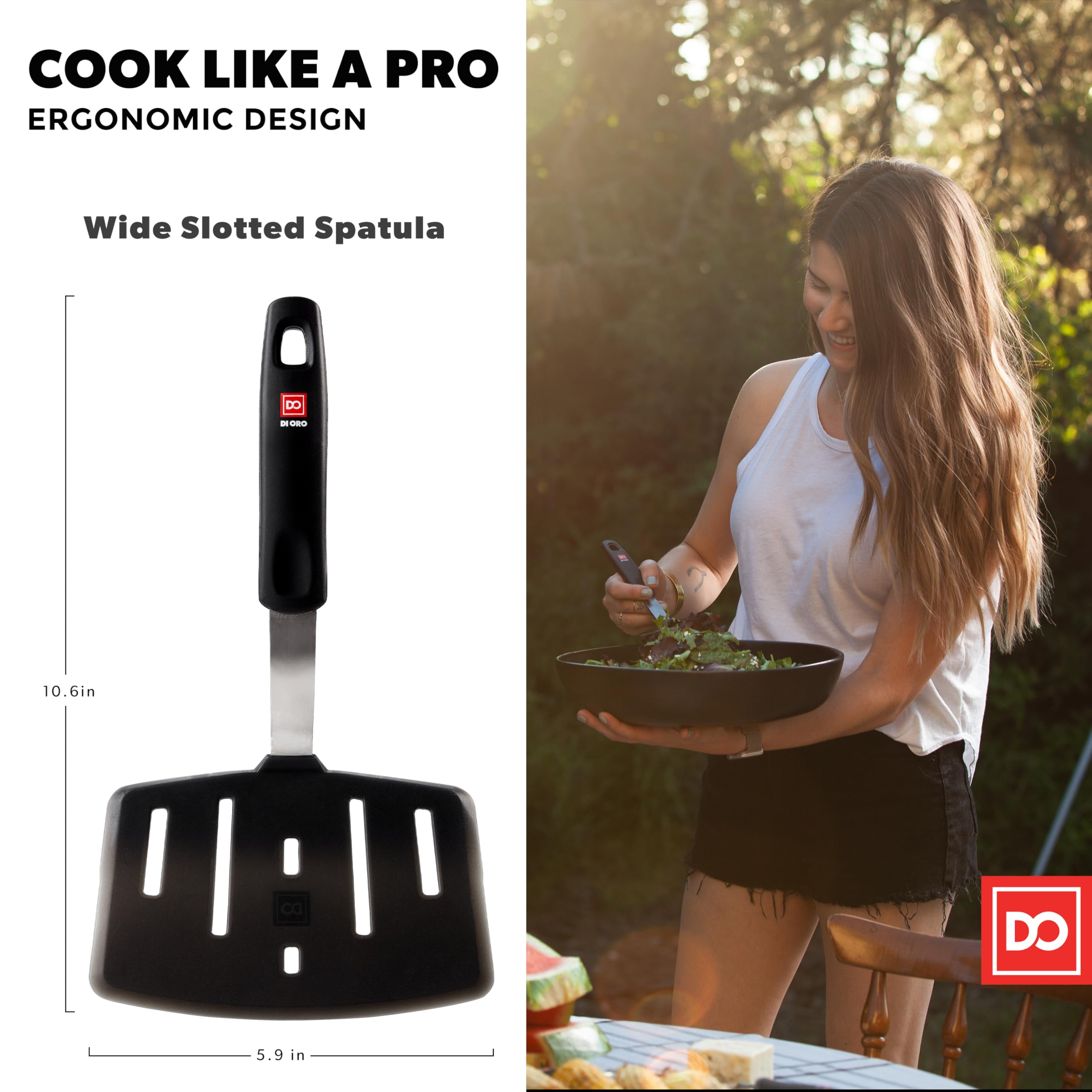 DI ORO Living professional-grade spatula performing flips with steady control