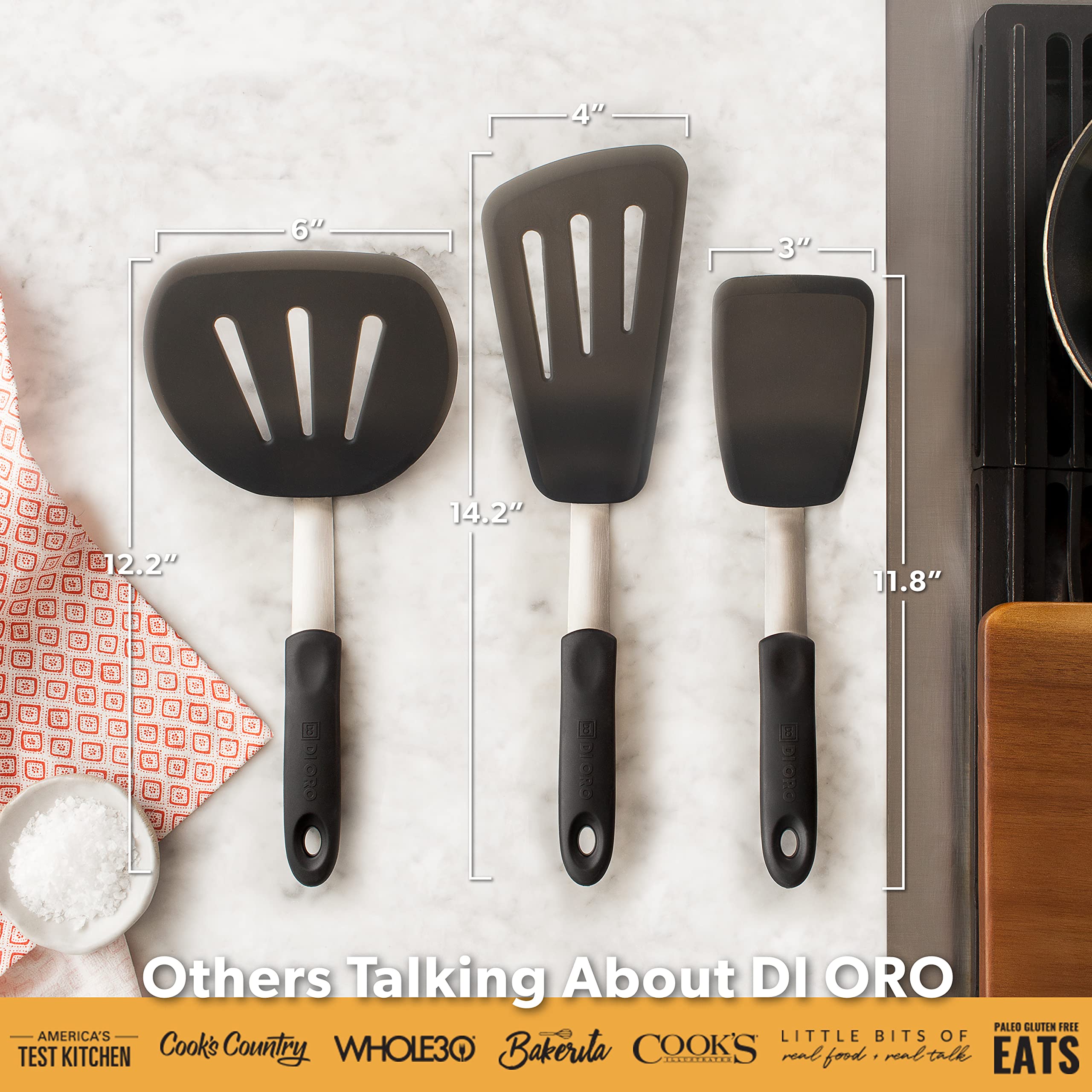 DI ORO Living Easy Clean Spatula is ready for quick cleanup, dishwasher safe