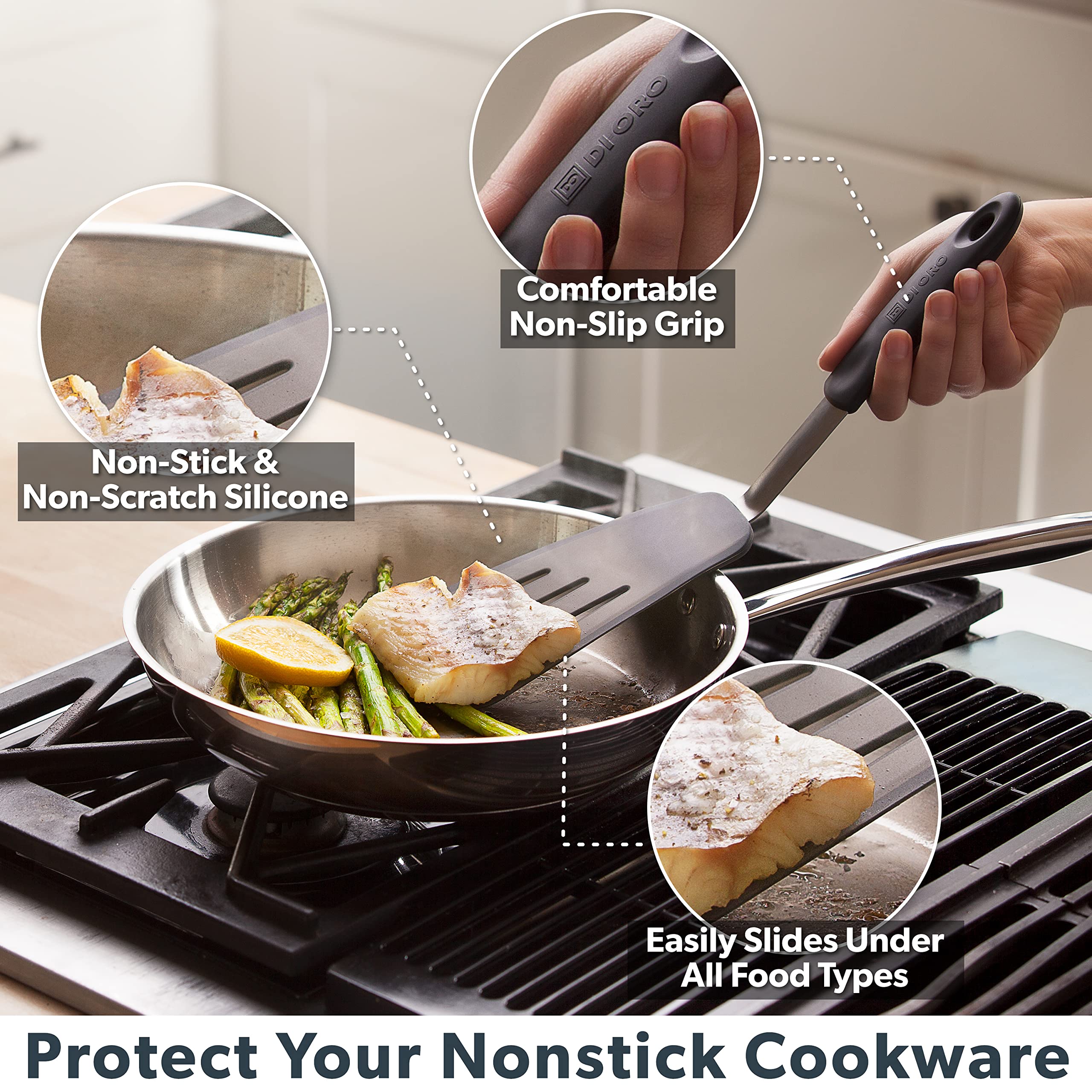 DI ORO Living Flex Edge Spatula Pancake demonstrates precise flipping on a nonstick pan