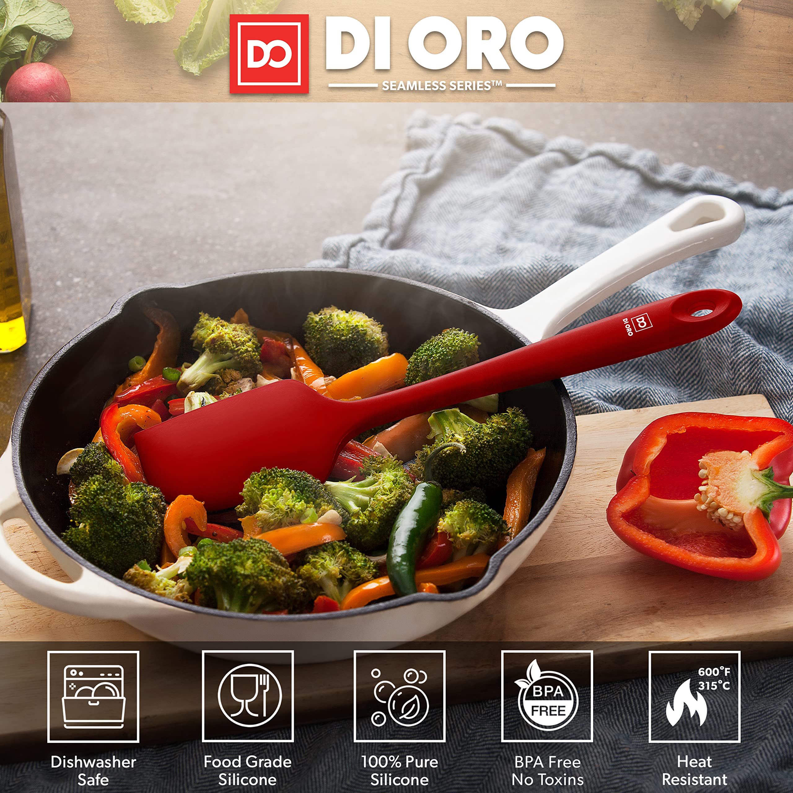 DI ORO Living spatula withstands 600°F heat for hot foods and non-stick pans