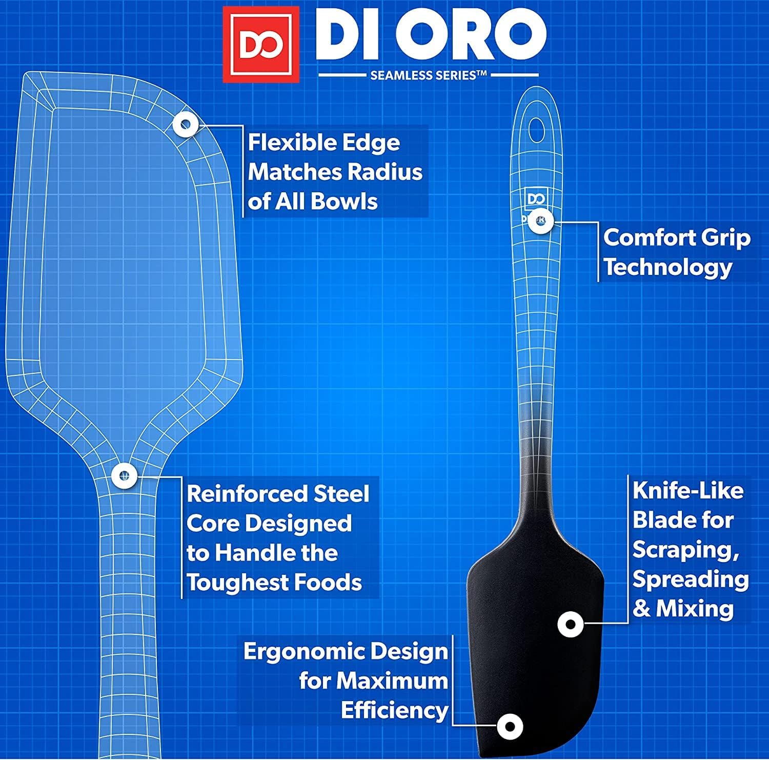 DI ORO Living nonstick-safe spatula protects pans from scratches.