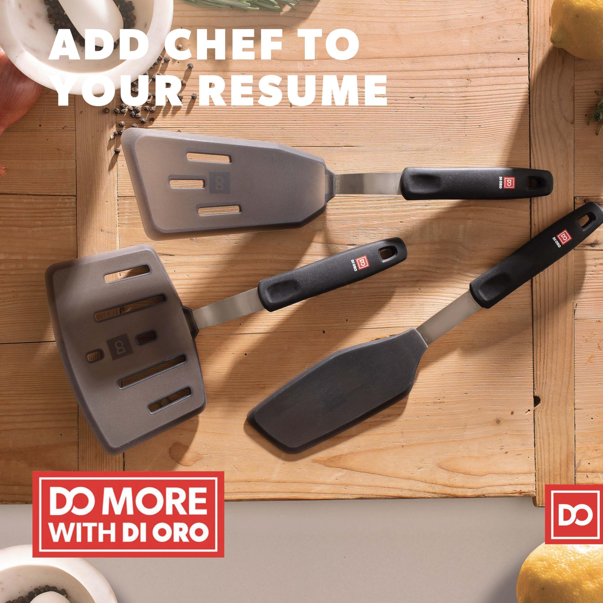 DI ORO Living scrape-and-serve spatula for eggs and vegetables.