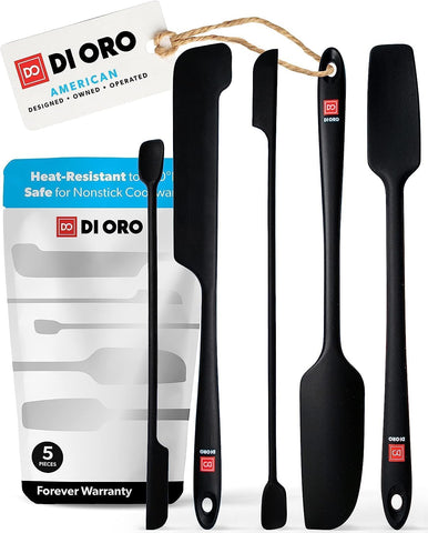 Di Oro Living silicone jar spatulas black set, front view, efficient jar scraping.