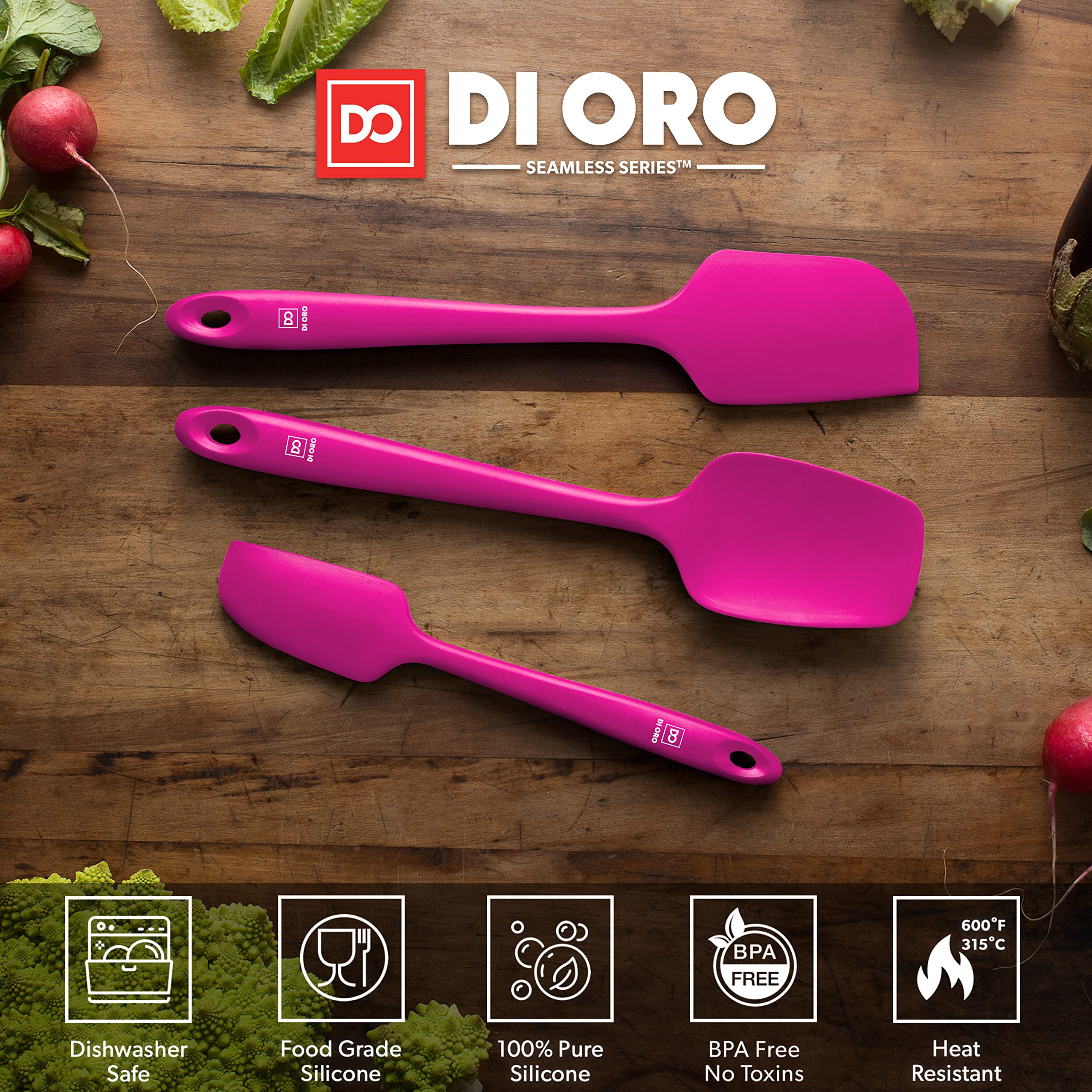 Di ORO Living silicone spatula curved scraper magenta close-up, great for mixing batters.