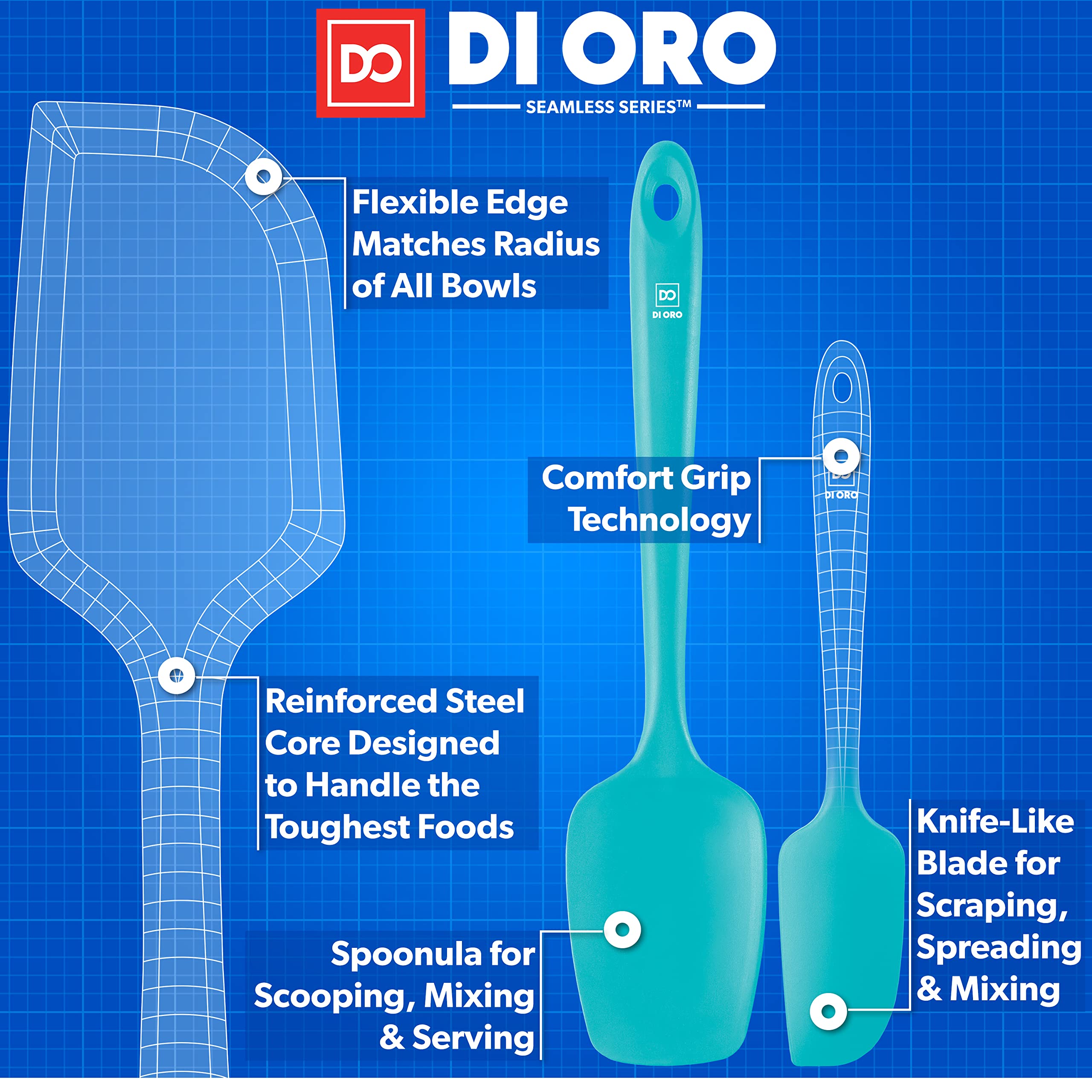 DI ORO Living silicone spatula with 600°F heat resistance supports versatile cooking tasks.