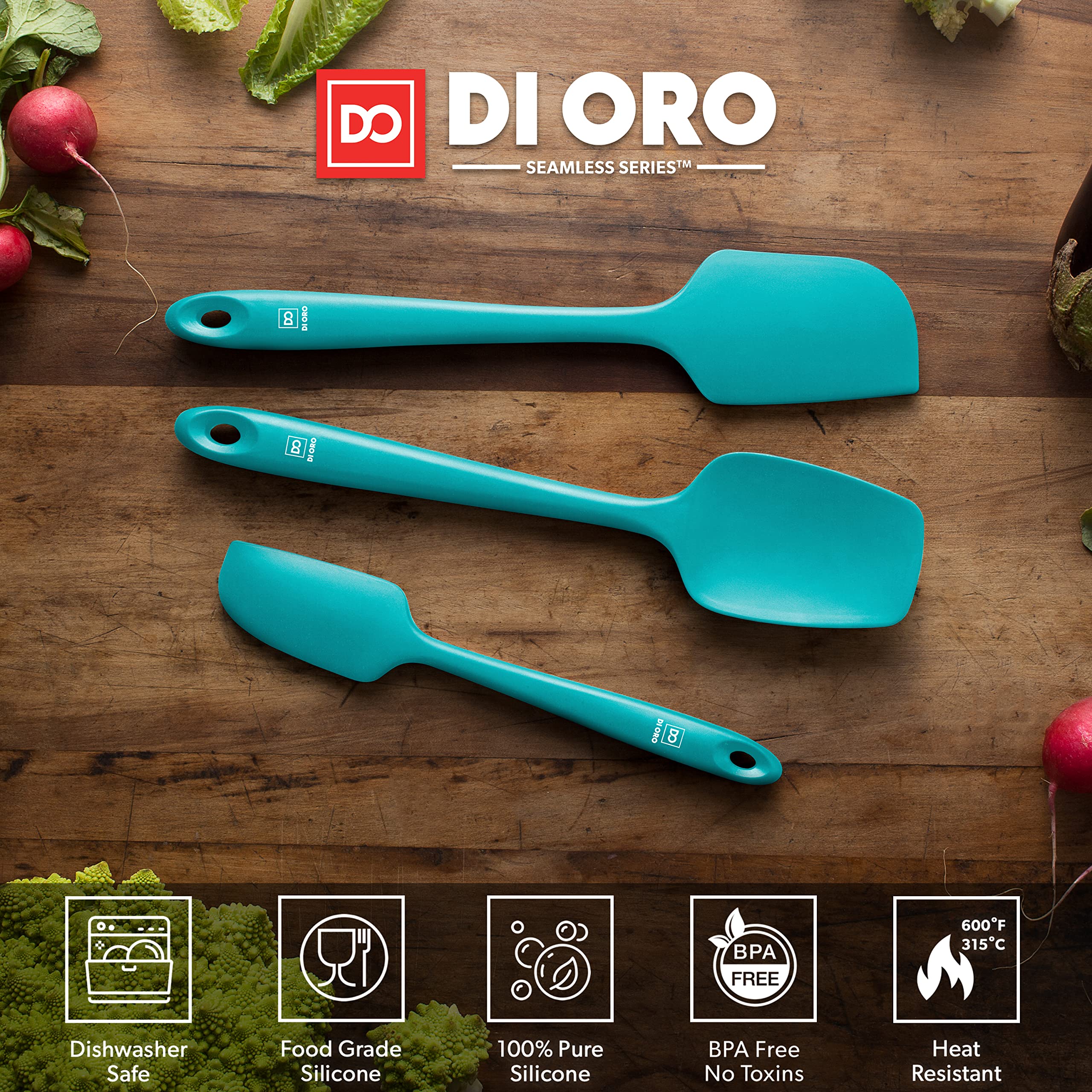 DI ORO Living teal spatula illustrates high-heat resilience for sautéing and frying.
