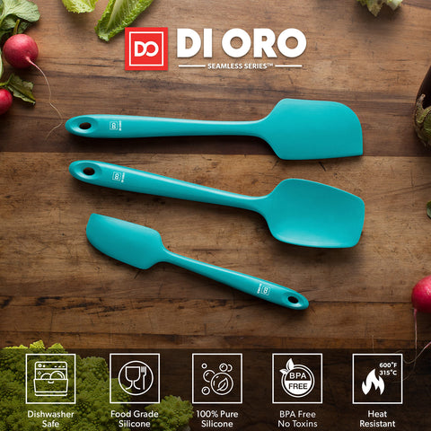 DI ORO Living teal spatula illustrates high-heat resilience for sautéing and frying.