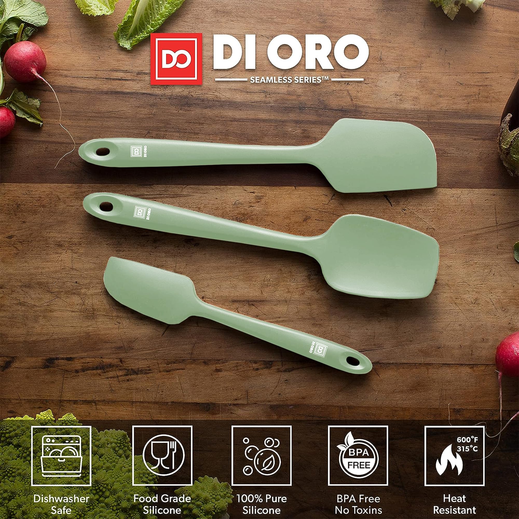 DI ORO Living spatulas in dishwasher-safe scene demonstrating easy cleanup.
