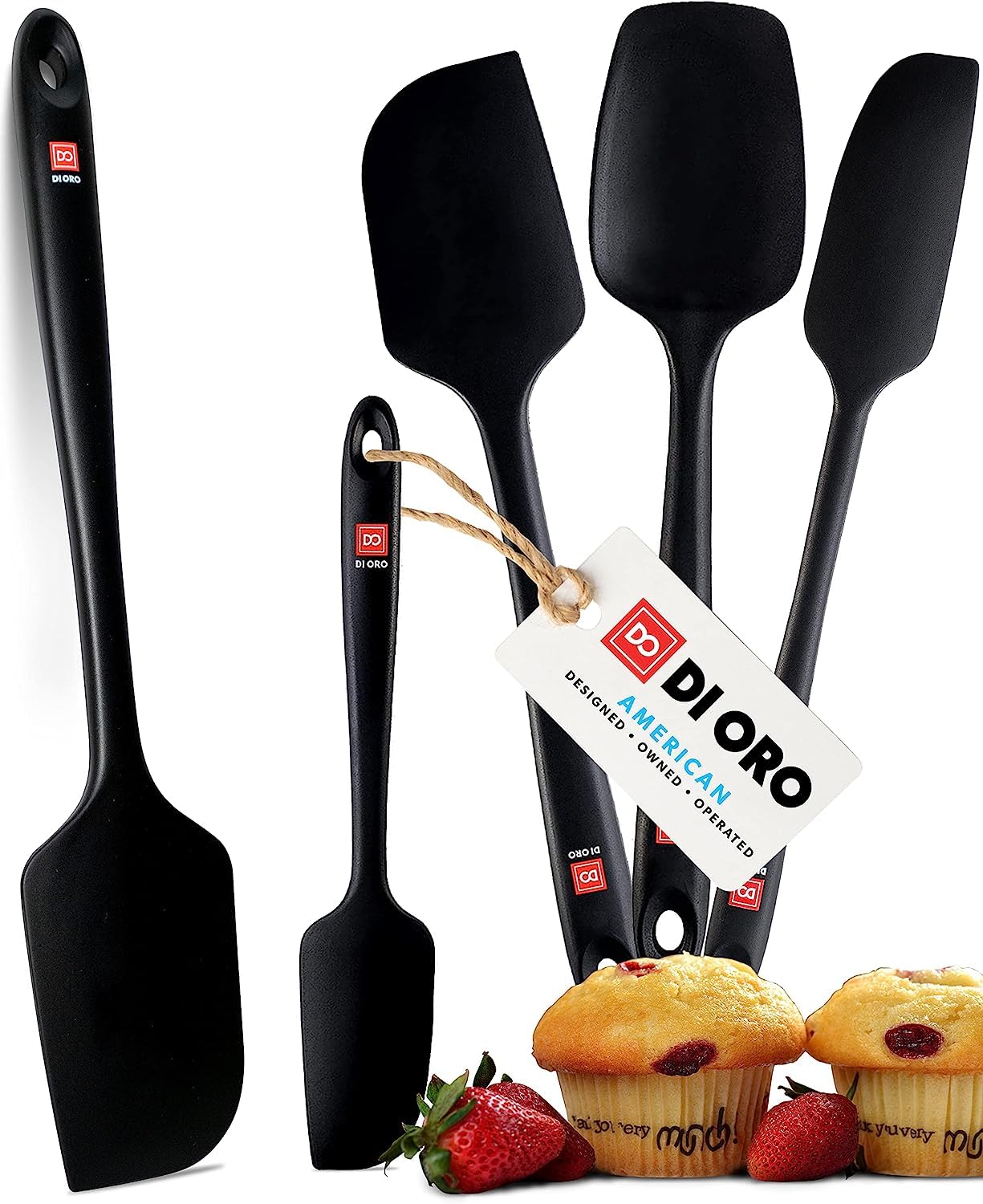 DI ORO silicone spatula set close-up showing five black utensils for nonstick cookware.
