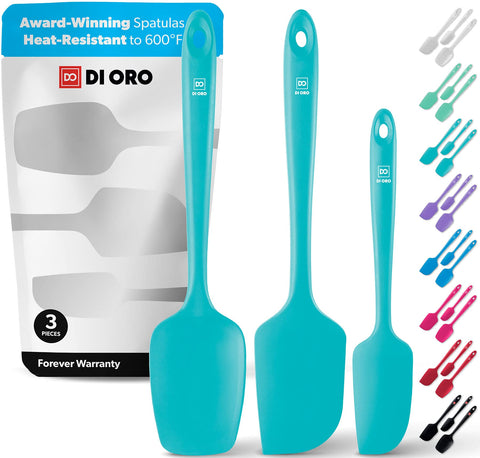 DI ORO Living silicone spatula set in teal with ergonomic handle for nonstick cookware.
