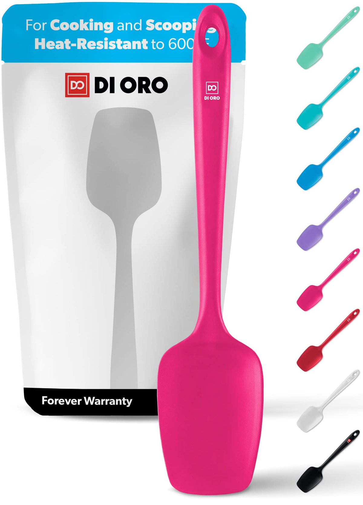 DI ORO Living silicone spoon spatula in magenta, heat resistant up to 600°F for sautéing and mixing.
