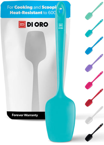 Di Oro Living silicone spoonula with teal finish, highlighting heat resistance up to 600°F.