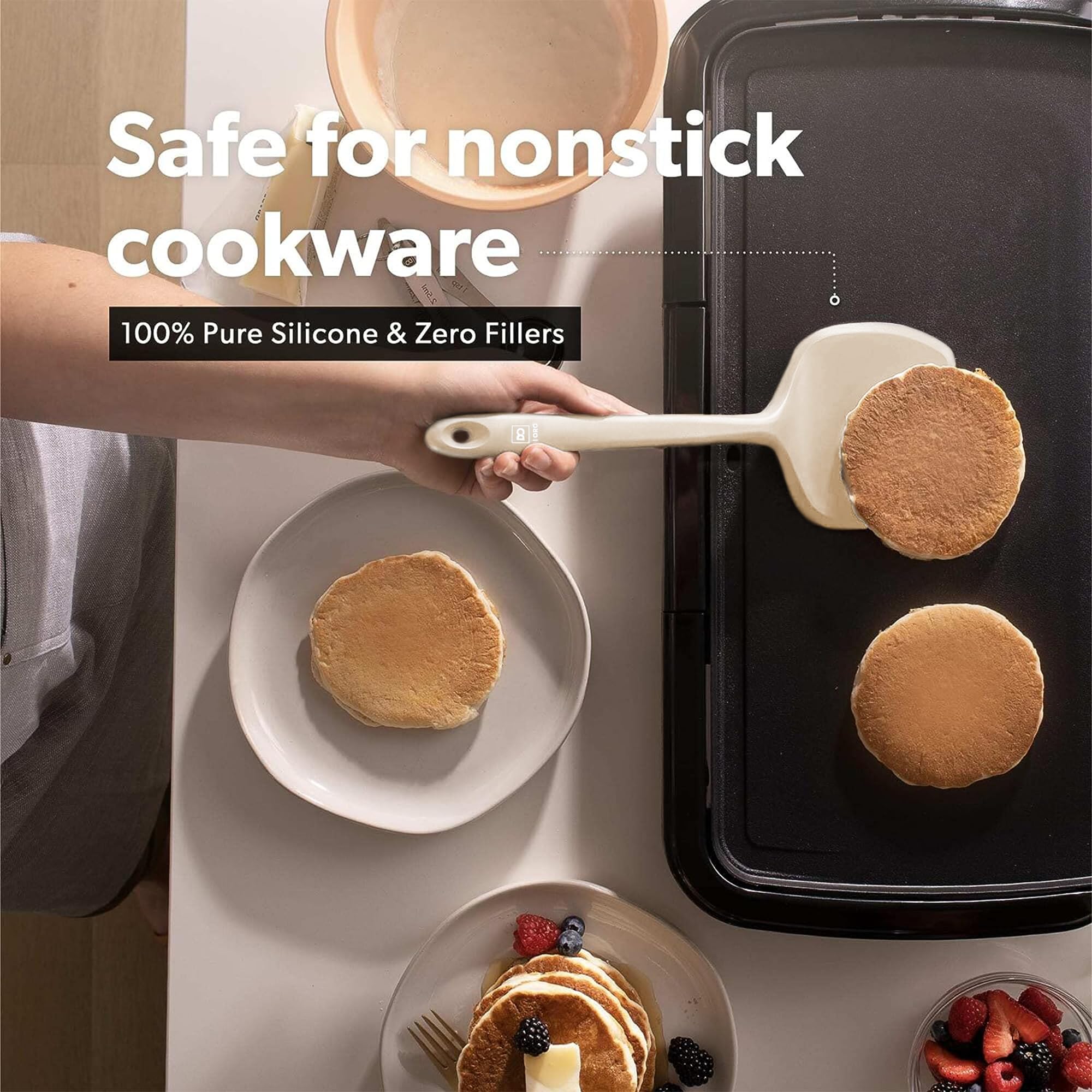 DI ORO silicone turner provides 600°F heat resistance for high-heat tasks.