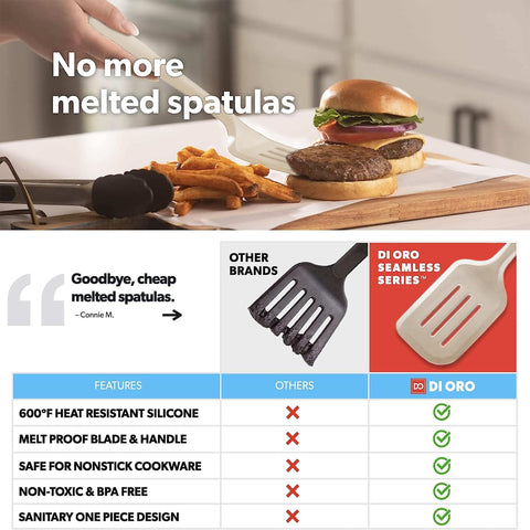 DI ORO silicone turner with nonstick-safe edge protects cookware.