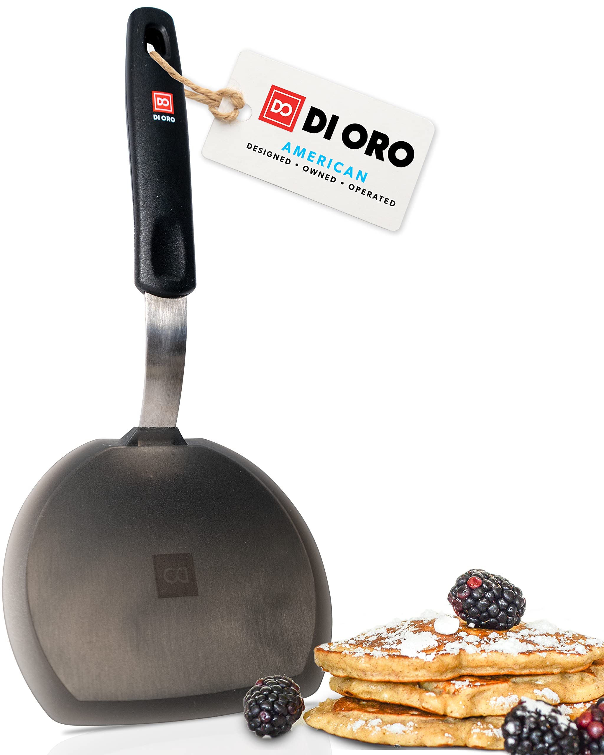 DI ORO Living silicone turner with 600°F resistance for dependable pancake flips.