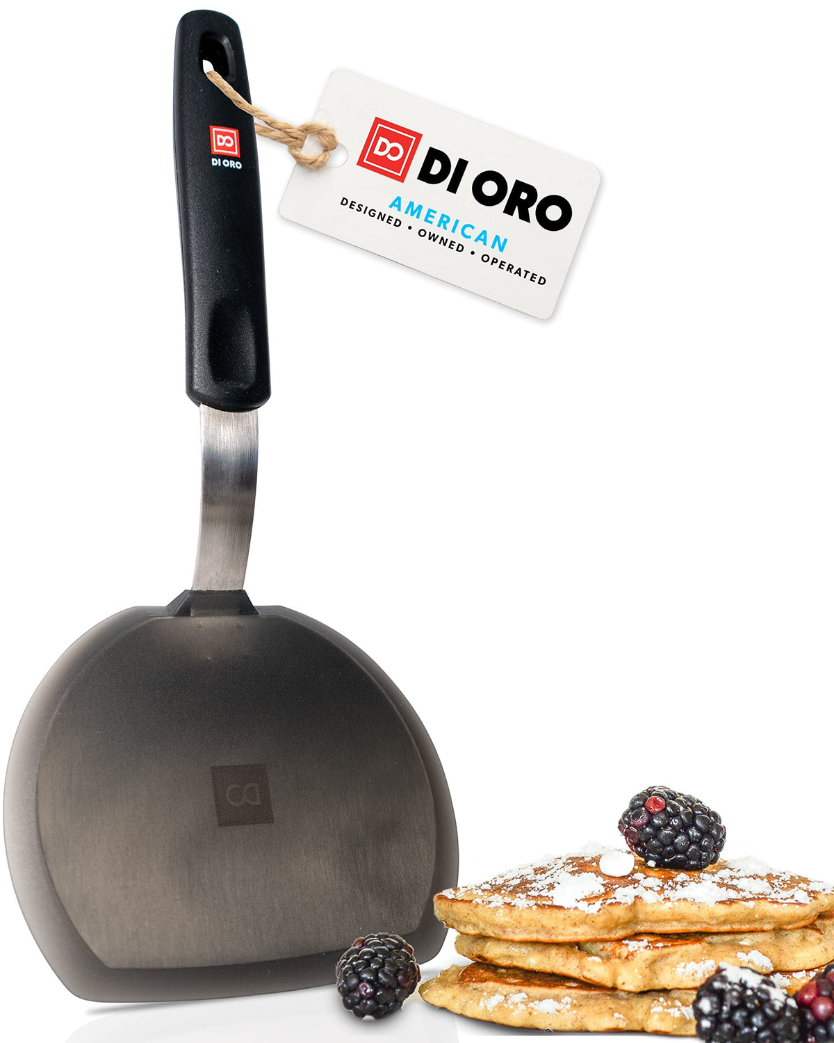 DI ORO Living silicone turner with 600°F resistance for dependable pancake flips.