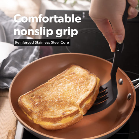 Di Oro Living spatula flipping eggs on nonstick surface.