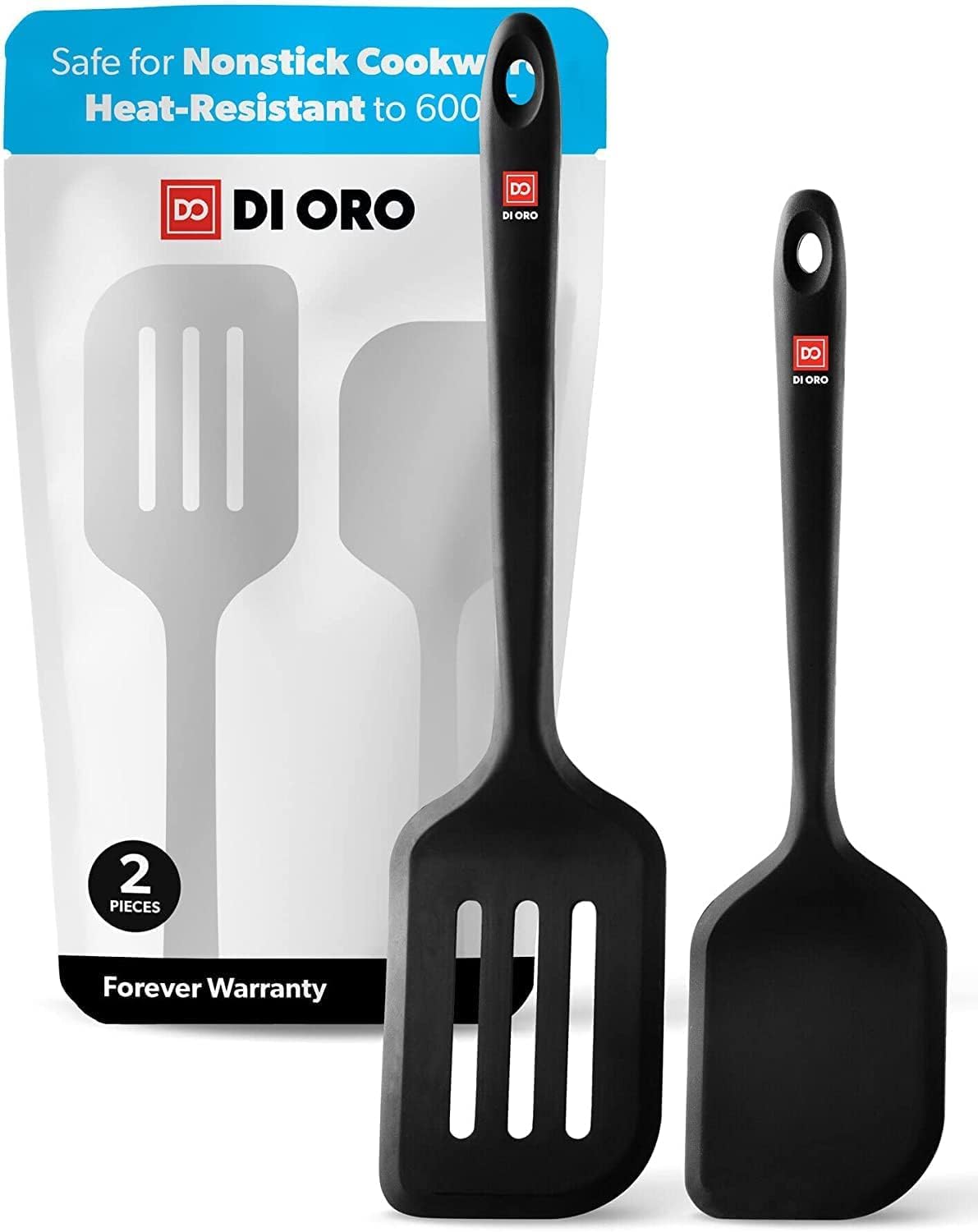 Di Oro Living silicone turner set 2pc in black, front view for nonstick pans.