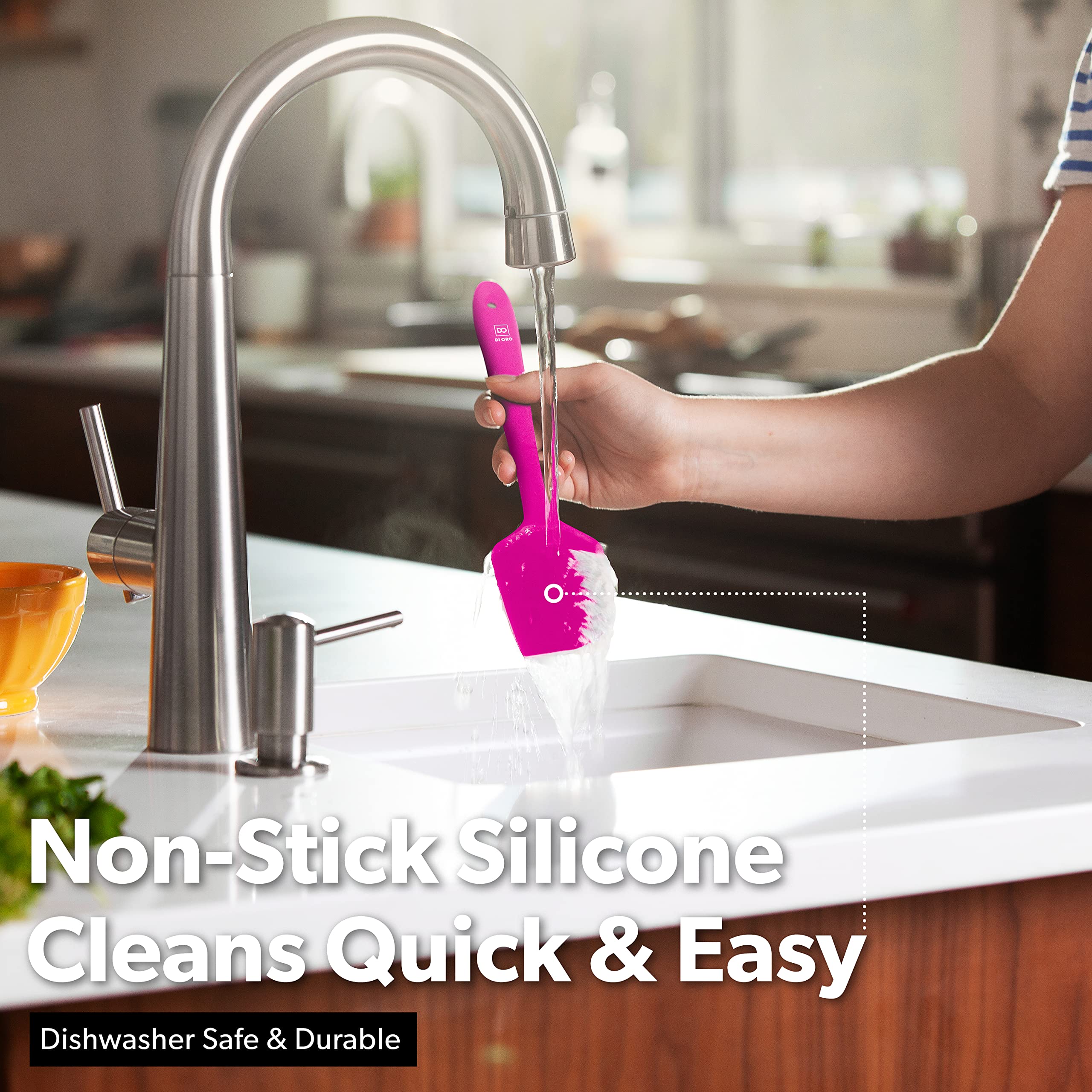 Di ORO Living heat-resistant spatula up to 600°F shown in kitchen setting.