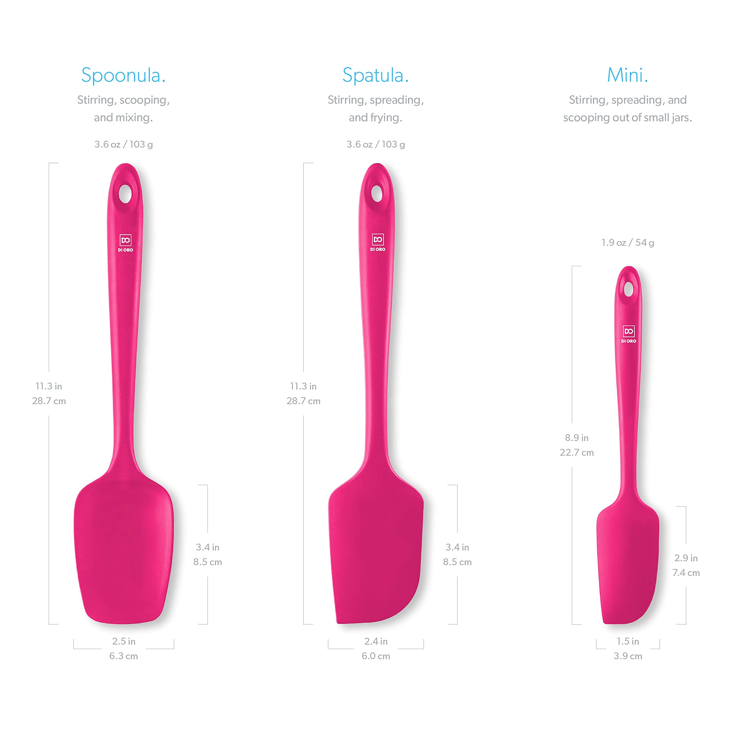 Di ORO Living silicone spatula safe for nonstick cookware during sautéing and folding.