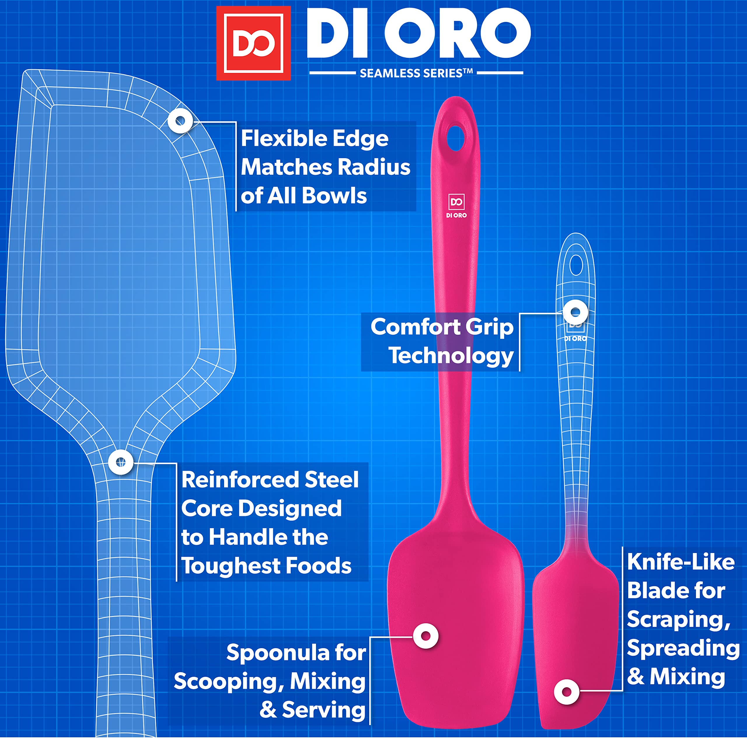 Di ORO Living spatula set in use, magenta, ergonomically designed for comfortable handling.