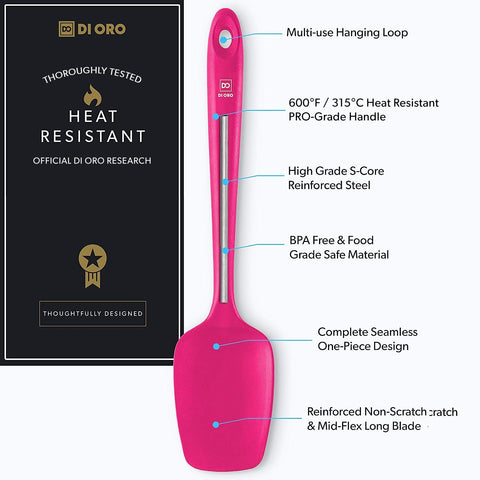 DI ORO Living spoon spatula with nonstick-safe silicone prevents scratching nonstick pans during flipping.