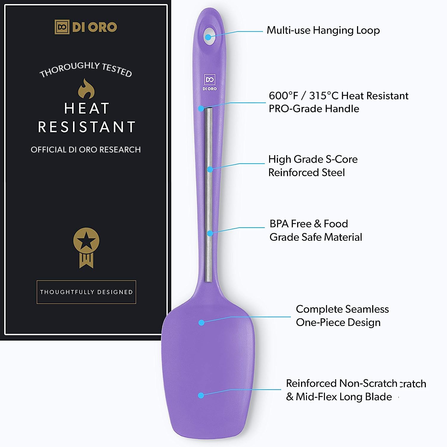 DI ORO Living spoonula lavender is heat-safe for scraping and mixing without scratching pans.