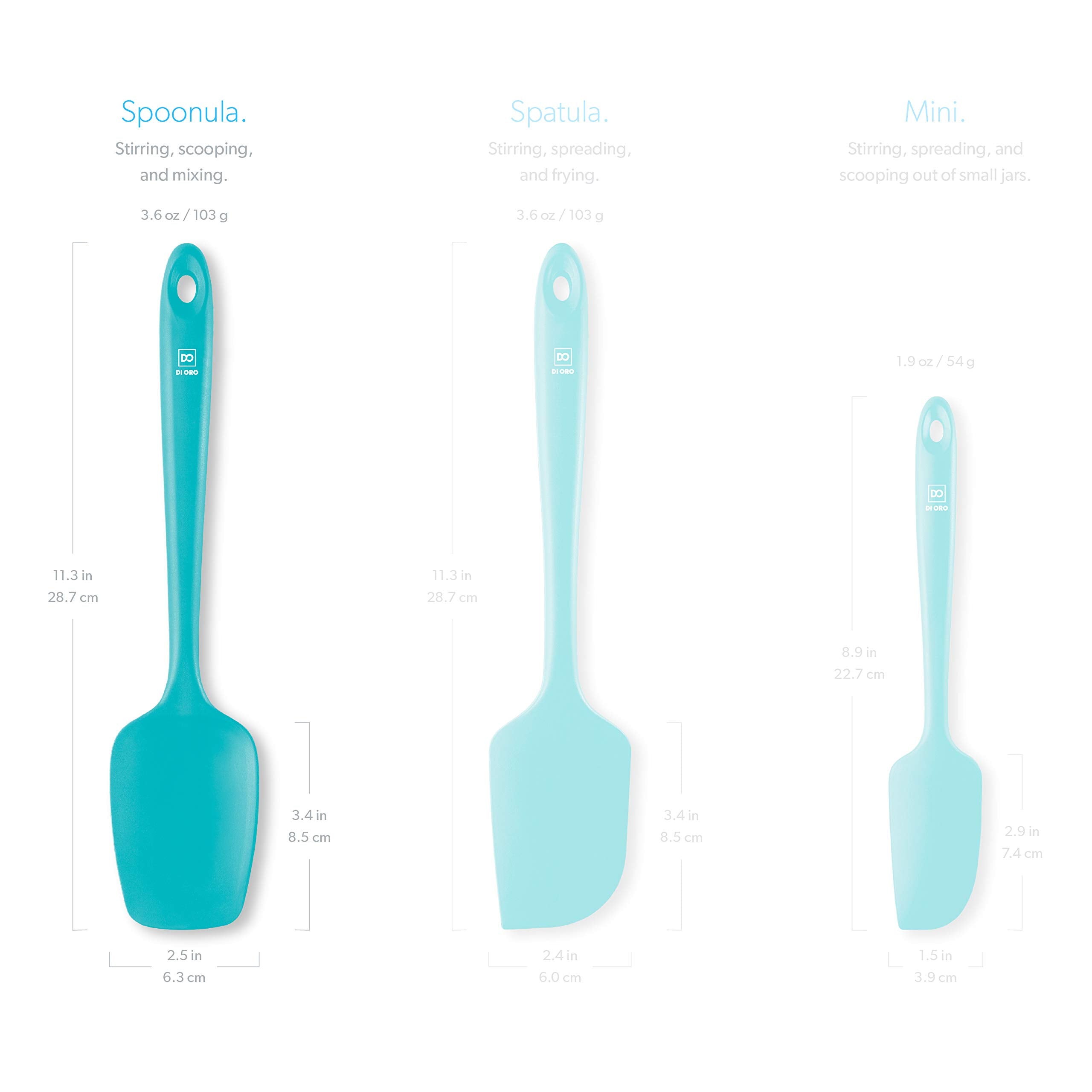 Di Oro Living teal spoonula shown as versatile tool for baking, stirring, and mixing.