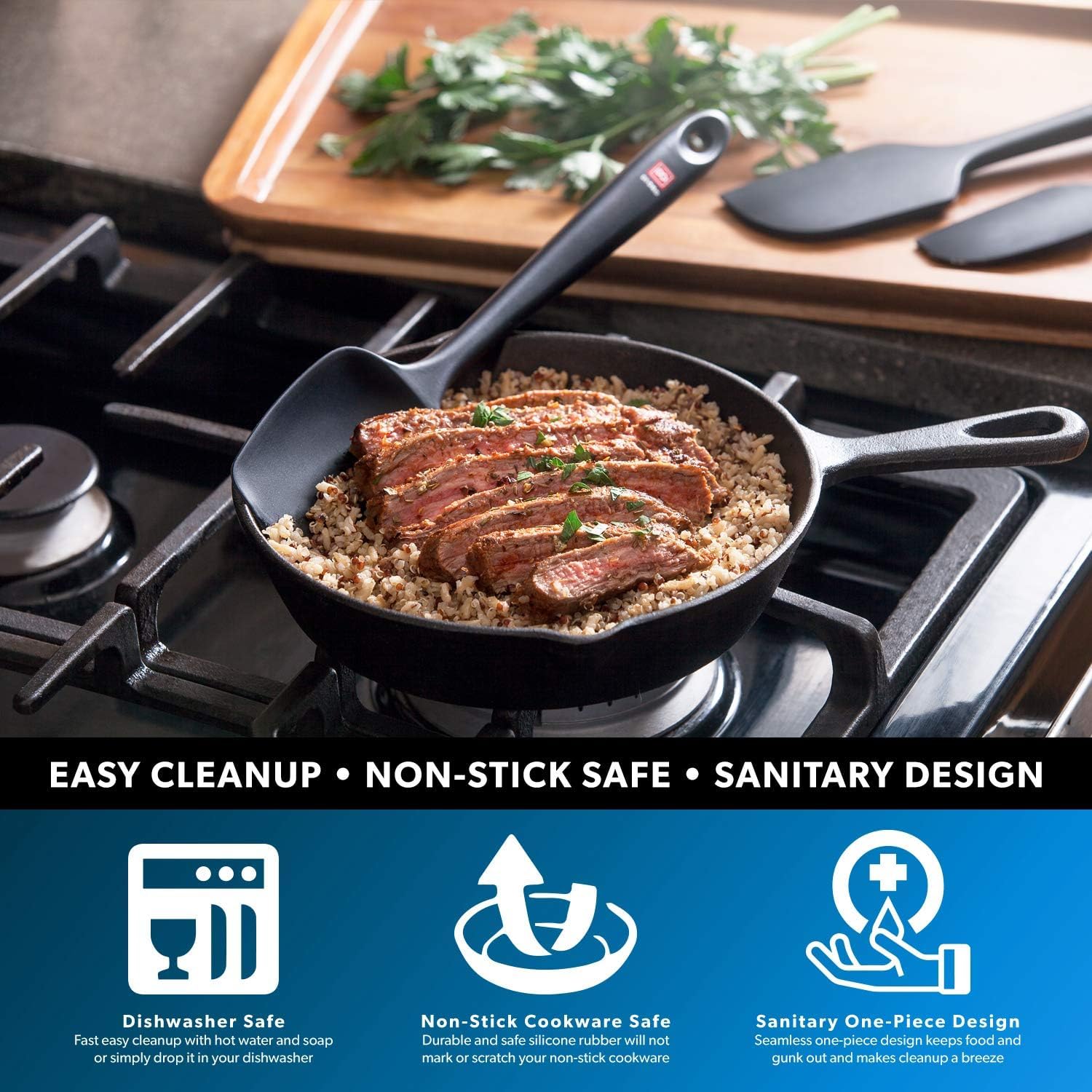 Di Oro Living silicone spoonula suitable for nonstick cookware to prevent scratching.