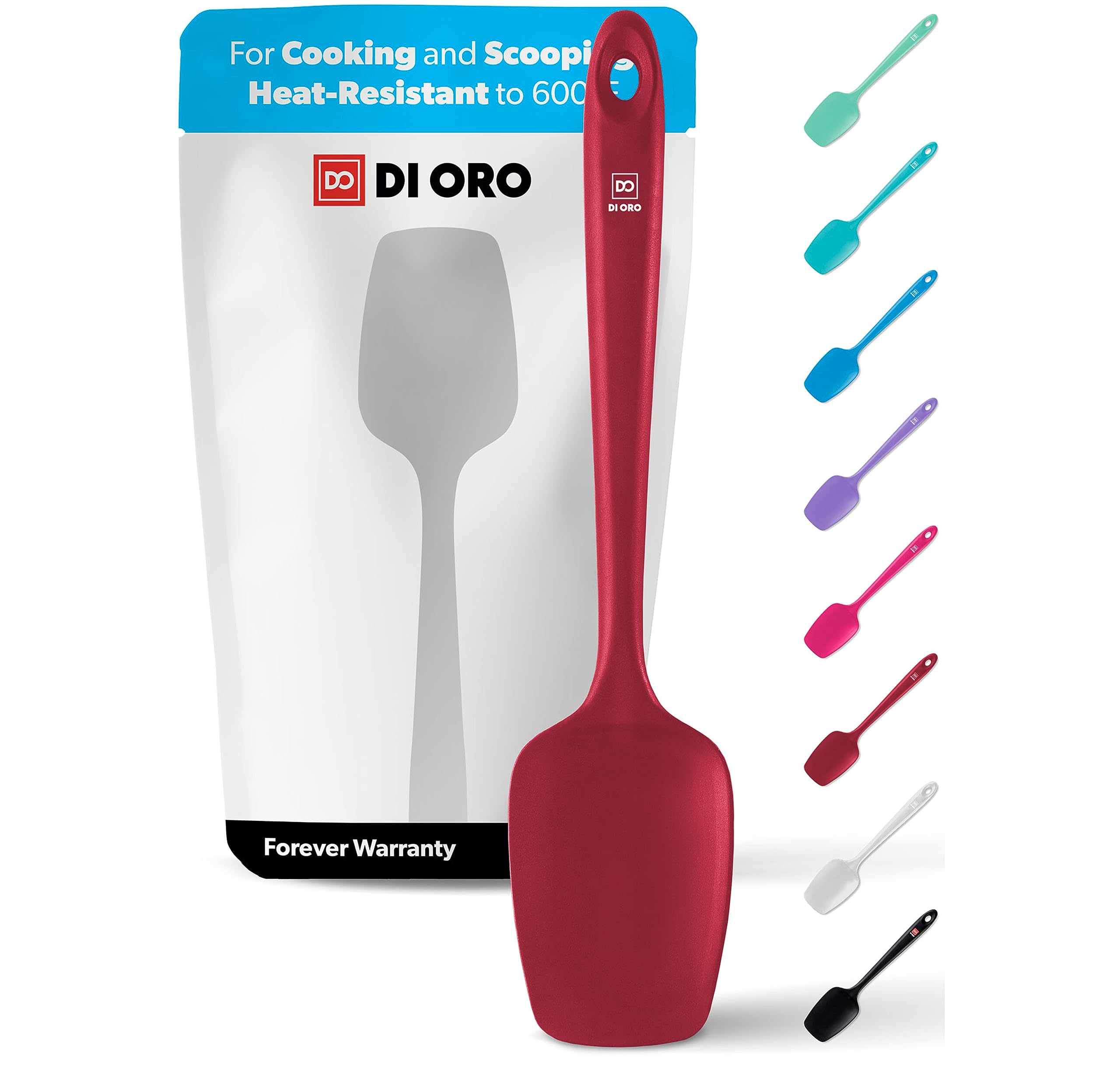 DI ORO Living spoonula in red showing 600°F heat resistance for cooking.