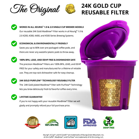 Di Oro MaxBrew gold surface detail highlights waste-free reusable coffee option.