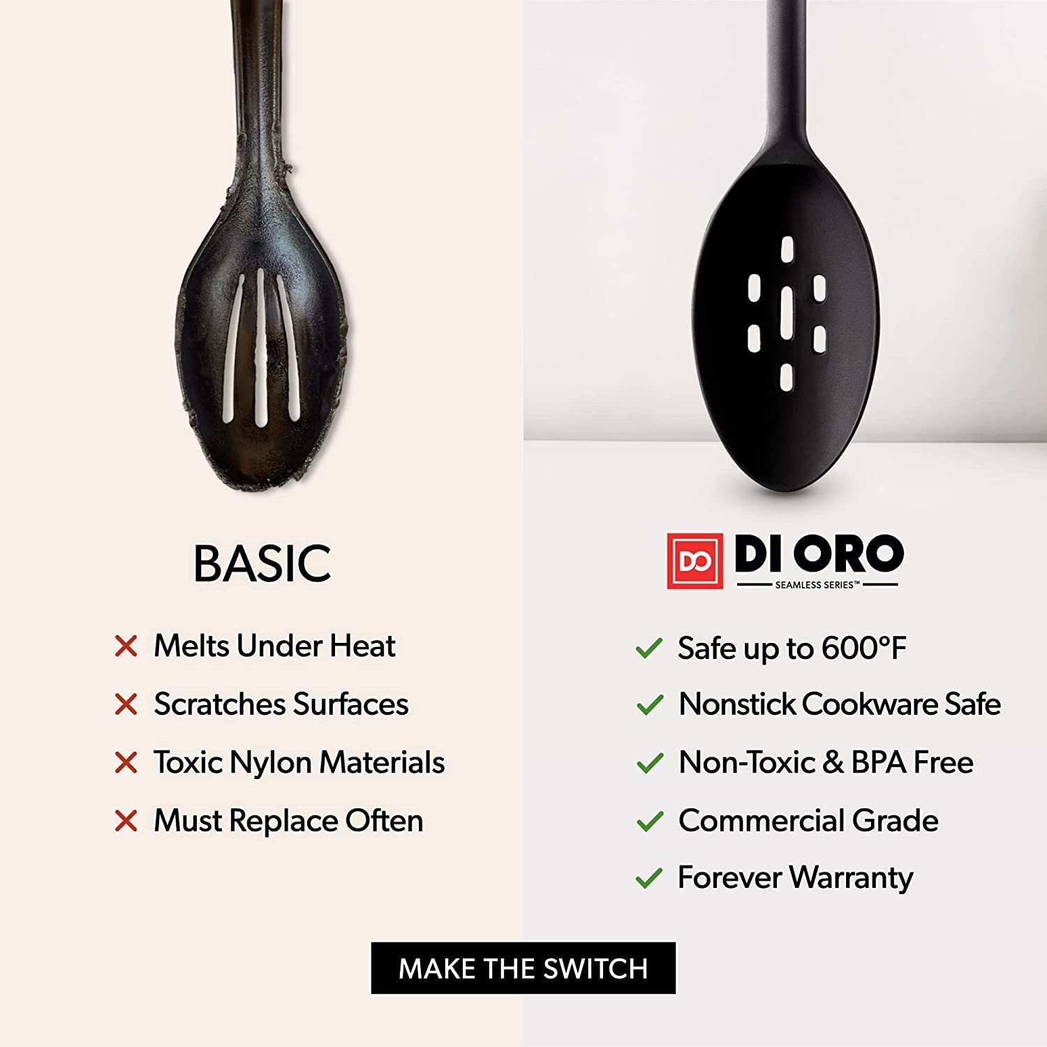 DI ORO nonstick-safe spoon protects delicate cookware during mixing.