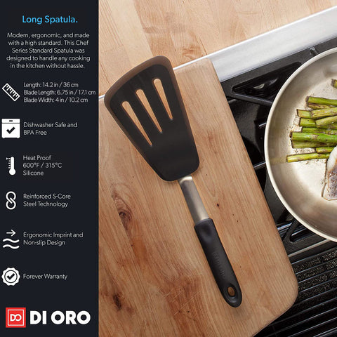 DI ORO silicone spatula safe for coated nonstick pans.