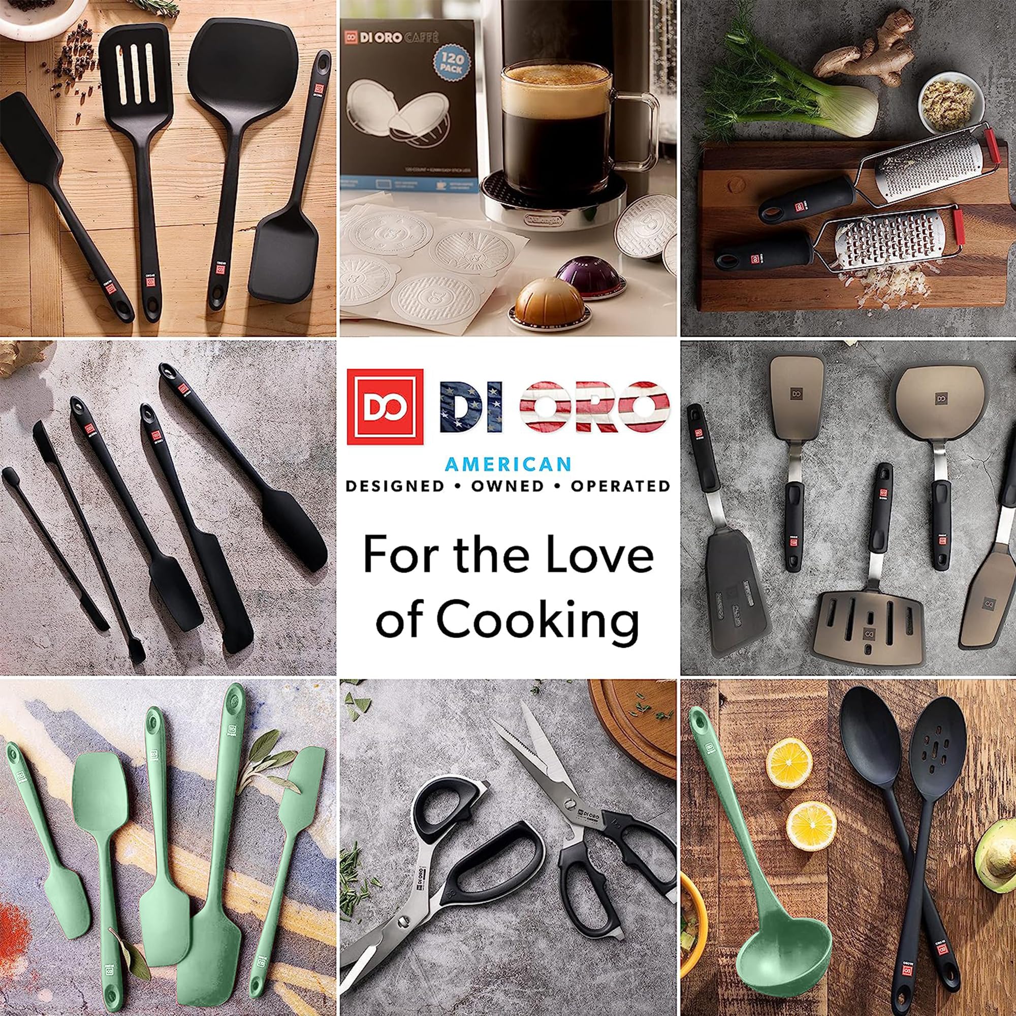 Sleek black DI ORO turner set adding style to the kitchen