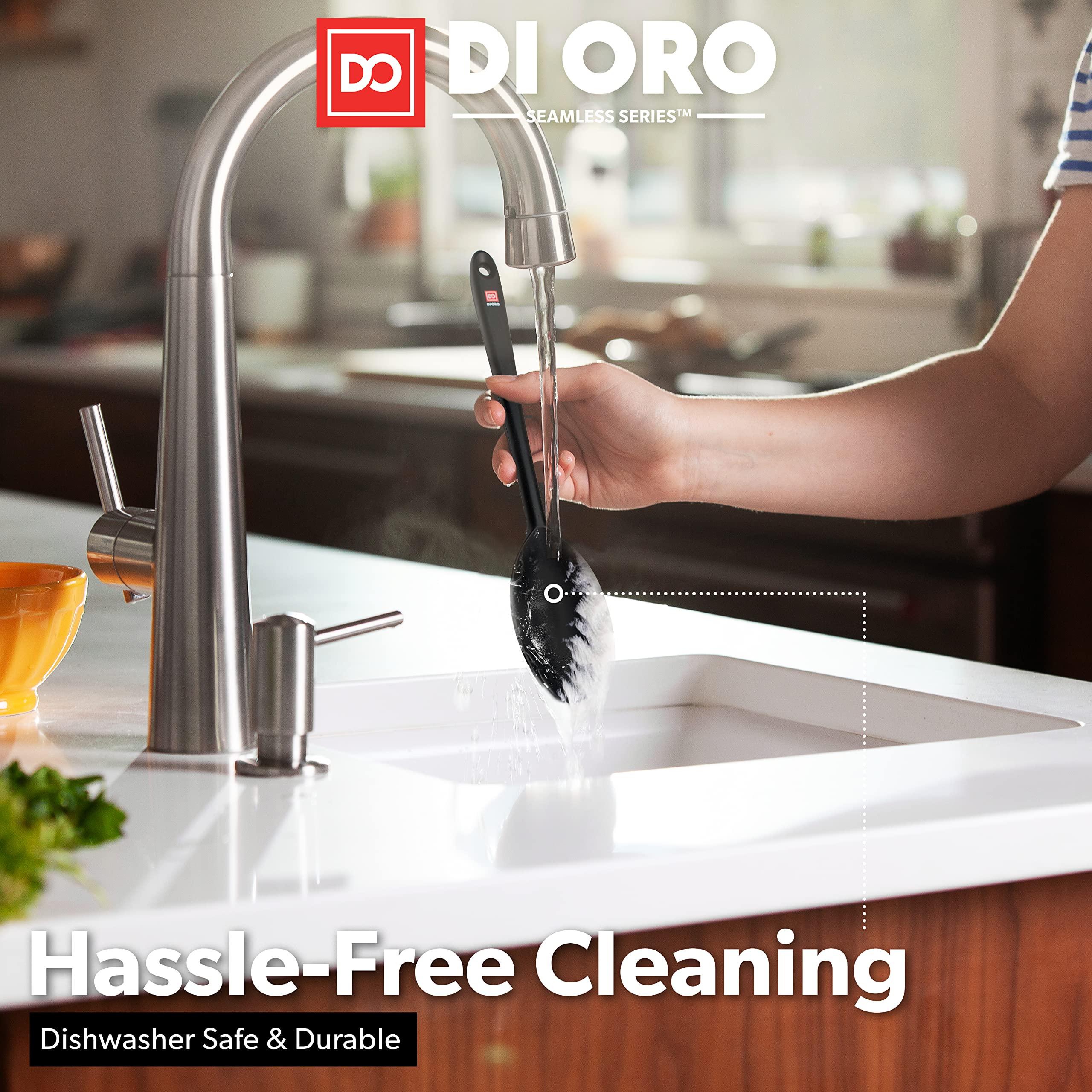 DI ORO seamless slotted spoon perfect for draining and serving.
