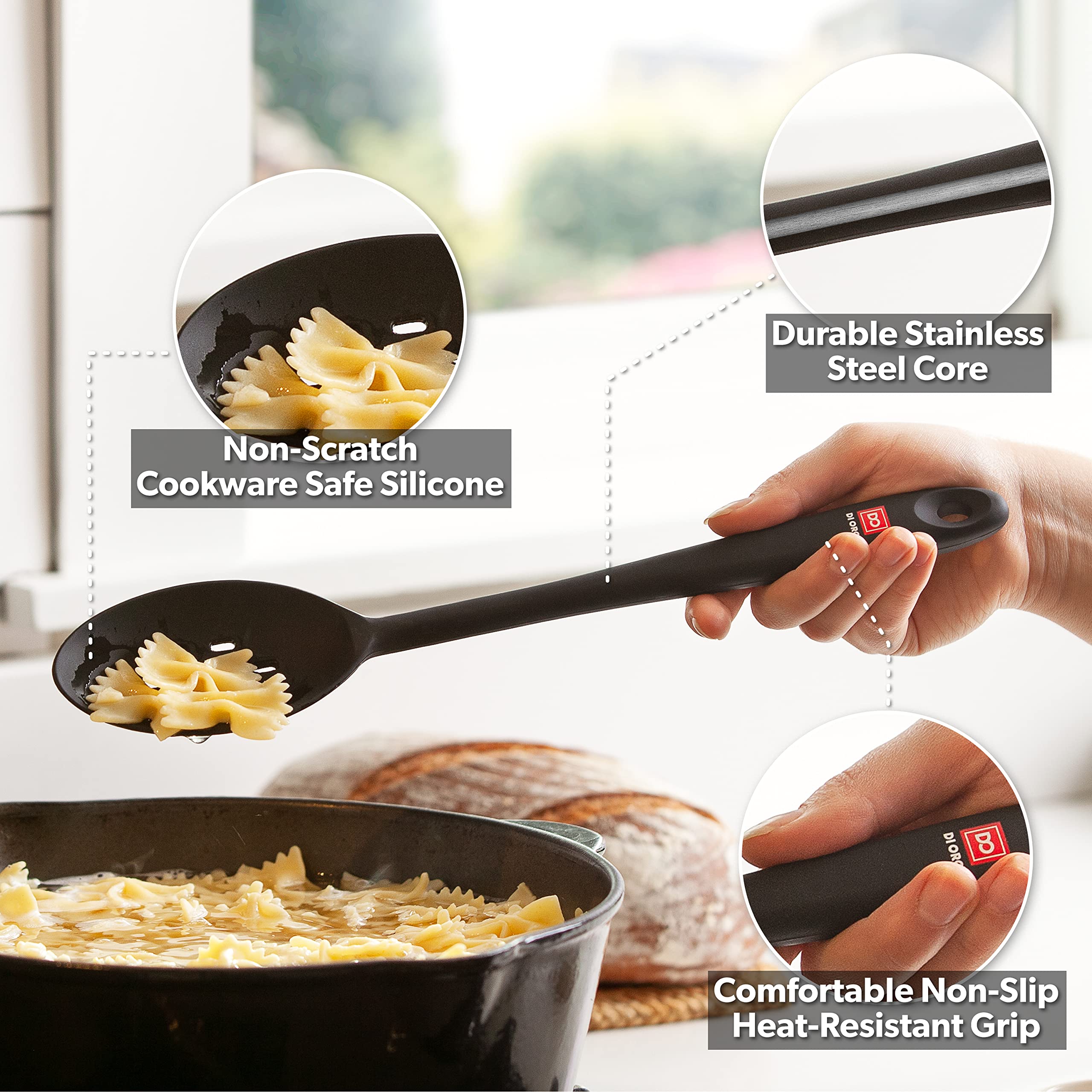 DI ORO seamless solid spoon ready for everyday cooking tasks.