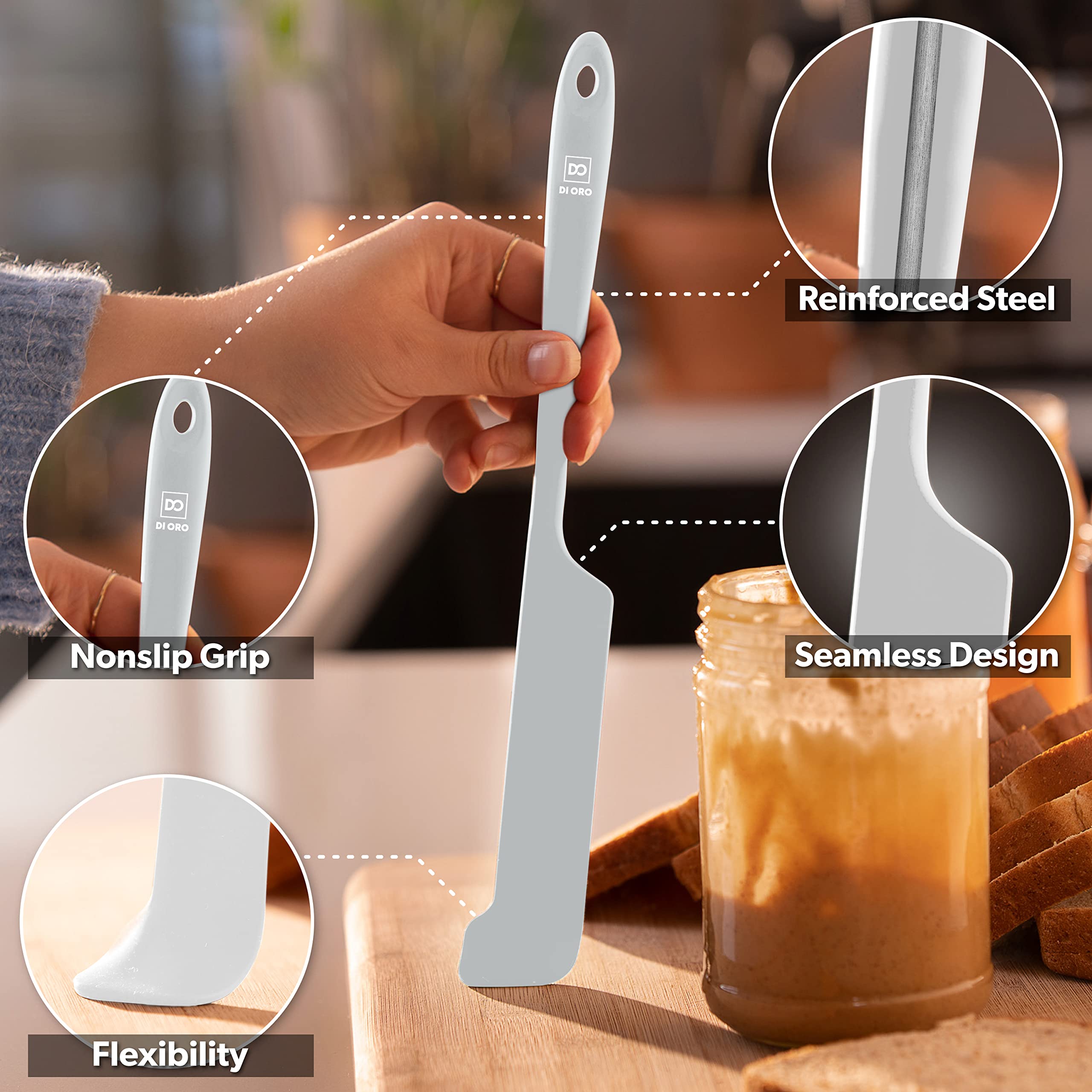 DI ORO silicone jar spatulas protect nonstick cookware from scratches.