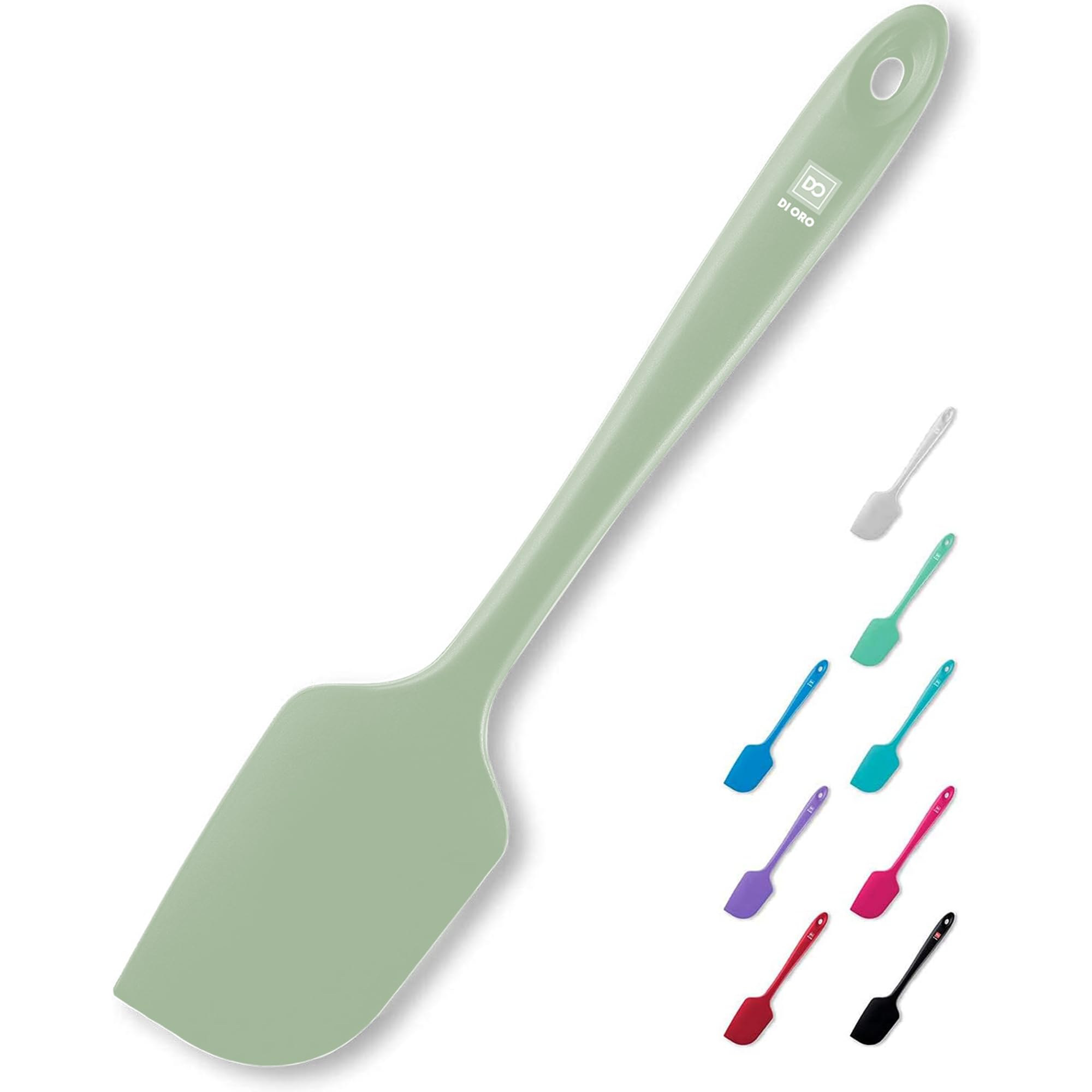 DI ORO silicone spatula in sage, 600°F heat resistance for hot baking and stirring.