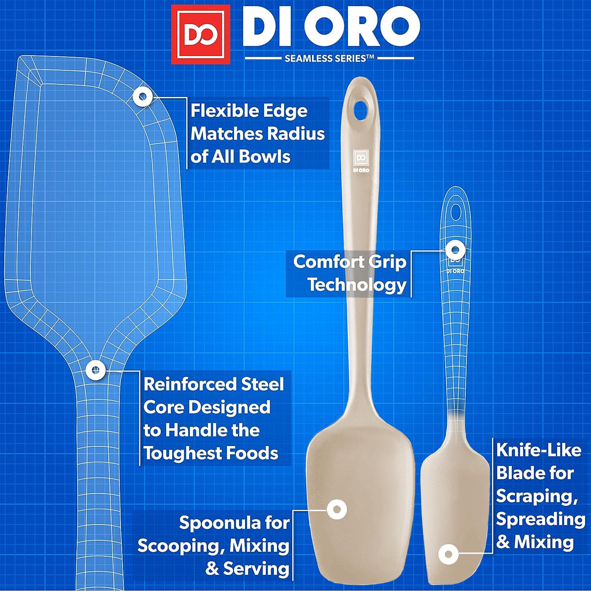 DI ORO spatulas with ergonomic handles offer comfortable grip during cooking.