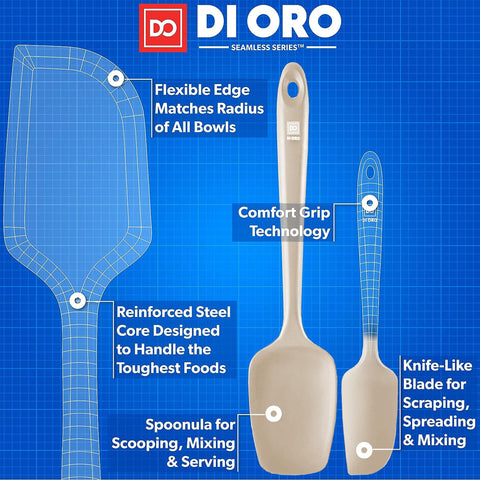 DI ORO spatulas with ergonomic handles offer comfortable grip during cooking.