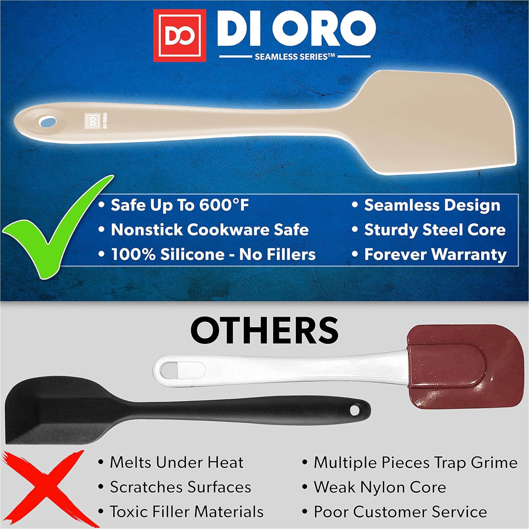 DI ORO one-piece silicone spatula design prevents food buildup and eases cleanup.