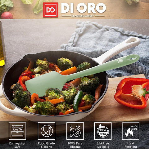 DI ORO spatula featuring stainless steel core for lasting strength.