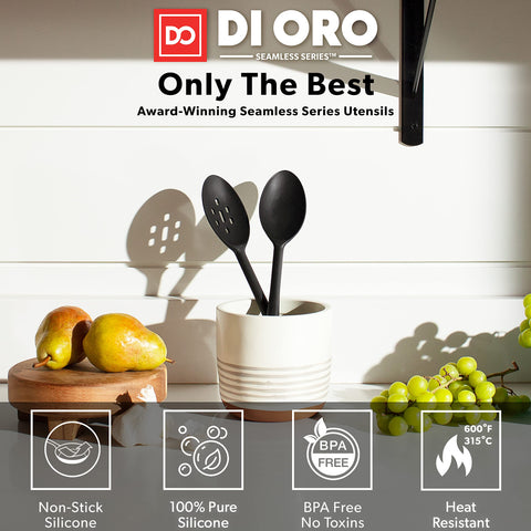 DI ORO silicone spoon slotted 13in ideal for draining liquids while sautéing.