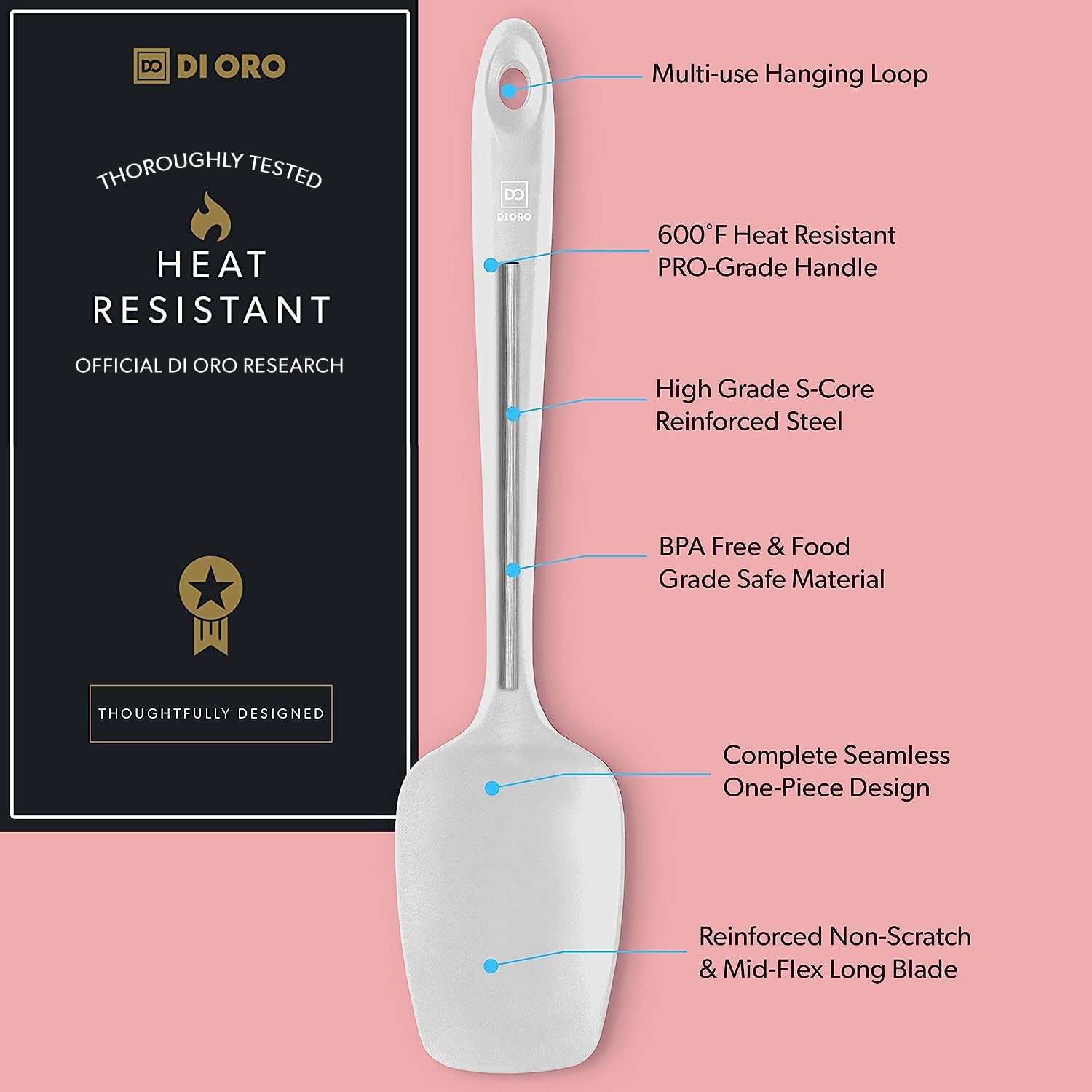 DI ORO silicone spoon spatula flexible-edge demonstrates easy scraping in bowls.