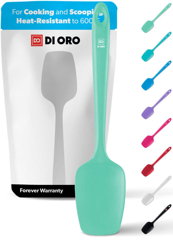 DI ORO silicone spoon spatula demonstrates 600°F heat resistance for high-temp cooking.