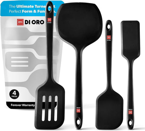 DI ORO silicone Turner Spatula Set four-piece in action for smooth nonstick flipping
