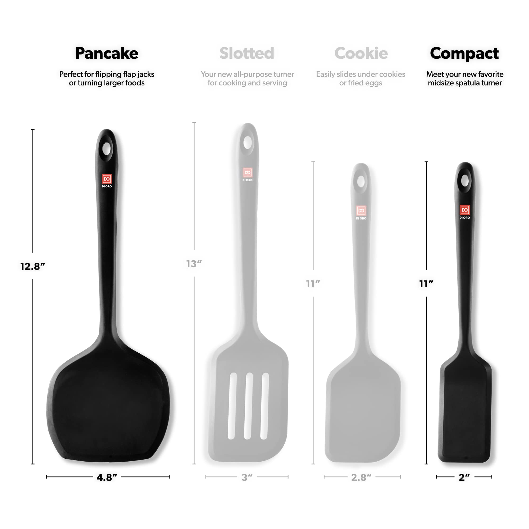 DI ORO compact spatula fits small pans for precise serving.
